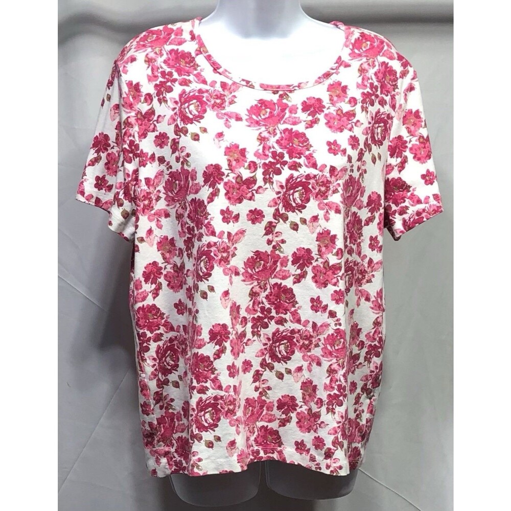 White Stag Jersey Top XXL 20 Pink Floral Short sleeve Soft Knit Cottage